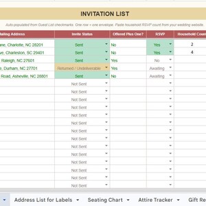 May include: A spreadsheet titled "INVITATION LIST" with columns for guest details. The table includes first and last names, mailing addresses, and RSVP information. The spreadsheet is organized with rows and columns, and the text "Invitation List" is at the top.