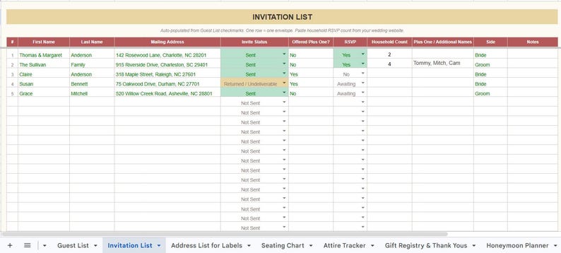 May include: A spreadsheet titled "INVITATION LIST" with columns for guest details. The table includes first and last names, mailing addresses, and RSVP information. The spreadsheet is organized with rows and columns, and the text "Invitation List" is at the top.