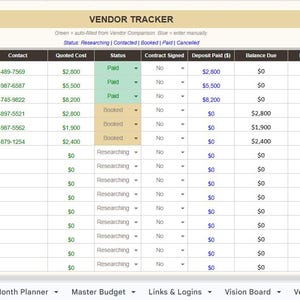 May include: A spreadsheet titled "VENDOR TRACKER" with columns for category, vendor name, contact, quoted cost, status, and balance due. The status column shows "Paid", "Booked", and "Researching" for various vendors. The spreadsheet is organized for event planning.