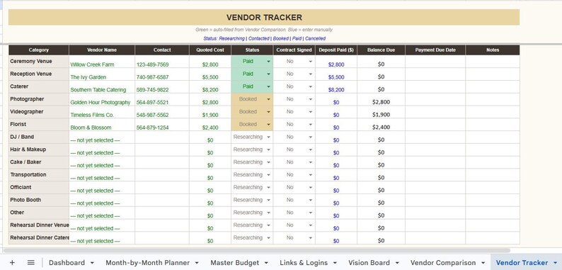 May include: A spreadsheet titled "VENDOR TRACKER" with columns for category, vendor name, contact, quoted cost, status, and balance due. The status column shows "Paid", "Booked", and "Researching" for various vendors. The spreadsheet is organized for event planning.