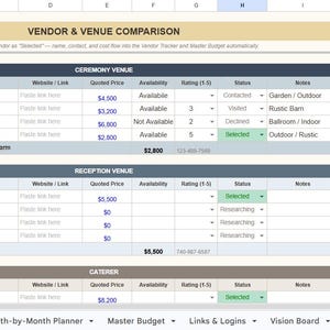 May include: A spreadsheet titled "VENDOR & VENUE COMPARISON" with data tables for ceremony venues, reception venues, and caterers. The tables include vendor names, contact info, quoted prices, availability, ratings, and statuses. The "Willow Creek Farm" and "The Ivy Garden" are selected.
