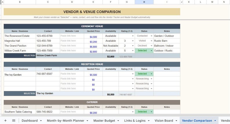 May include: A spreadsheet titled "VENDOR & VENUE COMPARISON" with data tables for ceremony venues, reception venues, and caterers. The tables include vendor names, contact info, quoted prices, availability, ratings, and statuses. The "Willow Creek Farm" and "The Ivy Garden" are selected.