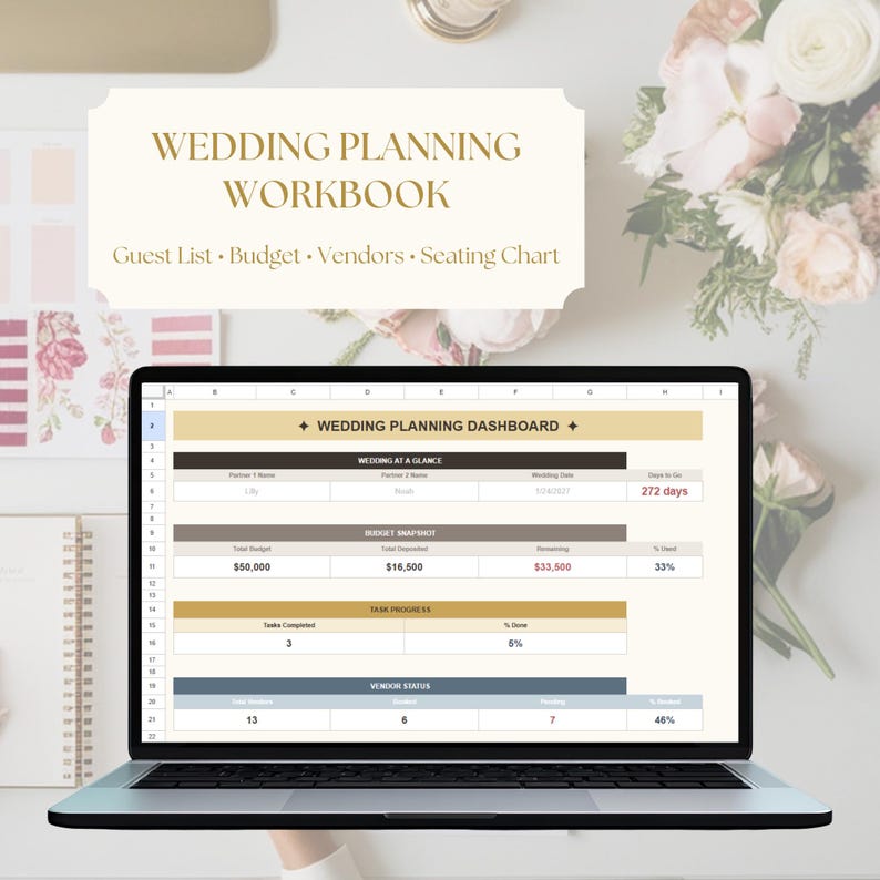 May include: A laptop displaying a wedding planning dashboard with budget, vendor, and task progress details. The screen shows a spreadsheet with financial data and a countdown to the wedding date. The image also features a workbook with the title "Wedding Planning Workbook".