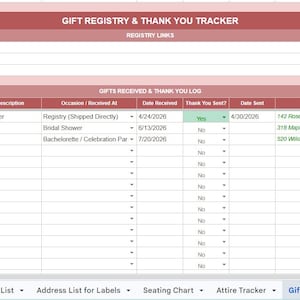 May include: A spreadsheet titled "GIFT REGISTRY & THANK YOU TRACKER" with sections for registry links and a gift log. The log includes columns for first and last names, gift descriptions, occasions, dates received, thank you status, and mailing addresses.