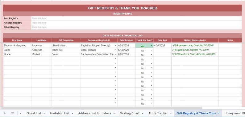 May include: A spreadsheet titled "GIFT REGISTRY & THANK YOU TRACKER" with sections for registry links and a gift log. The log includes columns for first and last names, gift descriptions, occasions, dates received, thank you status, and mailing addresses.