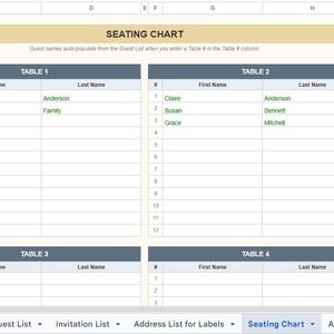May include: A digital seating chart with the title "SEATING CHART" at the top. The chart is divided into four tables, each with columns for "First Name" and "Last Name." Some guest names are already entered.