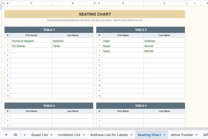May include: A digital seating chart with the title "SEATING CHART" at the top. The chart is divided into four tables, each with columns for "First Name" and "Last Name." Some guest names are already entered.