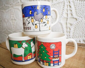 メル54837　アンティーク木版画3点セット Set (3) Artistic Vintage Holiday Coffee Mugs - Etsy
