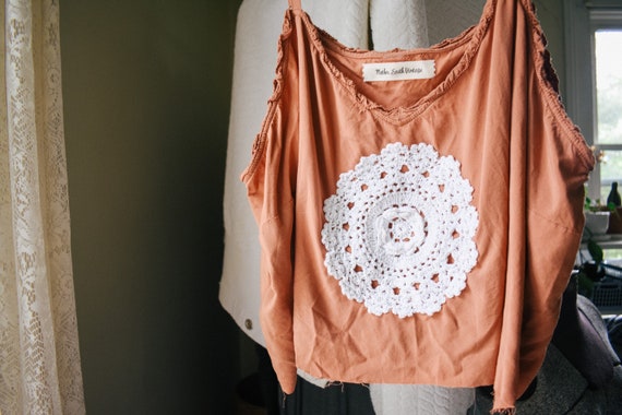 flower crochet doily + burnt orange crop top REWO… - image 6