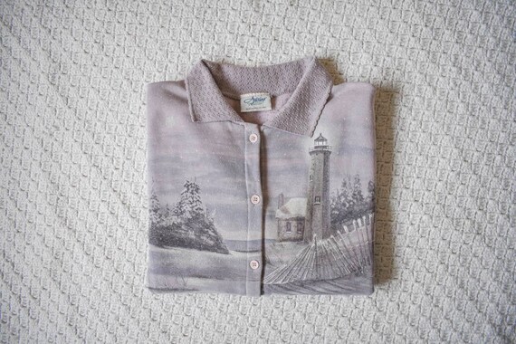 snowy lighthouse vintage oversized cardigan sweate