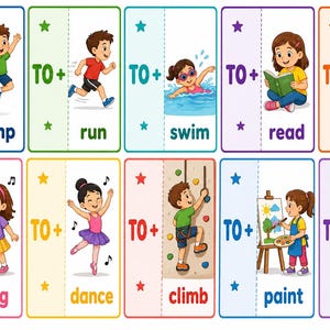 Peut inclure: Un ensemble de dix cartes éducatives illustrant des enfants effectuant diverses actions. Chaque carte affiche le texte TO + suivi du verbe d'action : jump, run, swim, read, write, sing, dance, climb, paint et bake.