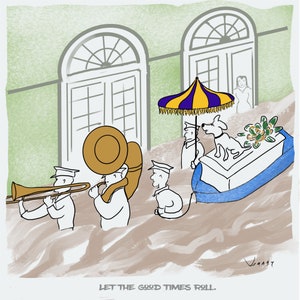 Let The Good Times Roll, New Orleans 2nd Line, Floods, Cartoon Humor, Original Digital Illustration, Small Print, Jazz Band, Dog,NOLA parade