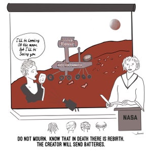 Eksploracja kosmosu, feministyczna sztuka komiksowa, mały oryginalny wydruk, komentarz komiksowy, humor komiksowy, sztuka na ścianę/biurko w biurze, łazik marsjański, wydruk 8x8.