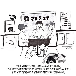 Dog Humor, Feminist cartoon art, small original print, Cartoon comment, Cartoon Humor, Make America Great,Office Wall/Desk Art, Print 8x8