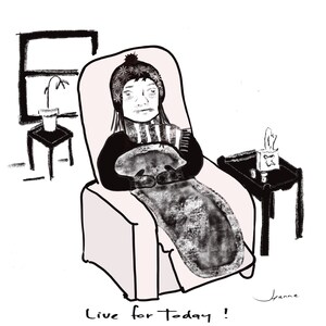 Lev för idag! Feministisk tecknad konst, litet originaltryck, tecknad kommentar, tecknad humor, kvinna med kallt huvud, vägg-/skrivbordskonst för kontoret, tryck 8x8