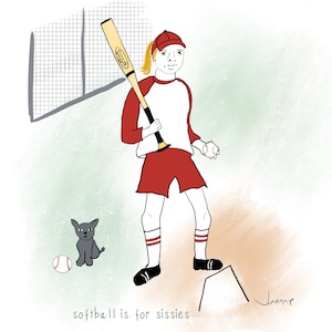 Puede incluir: Una niña con un uniforme de béisbol rojo y blanco sostiene un bate de madera y una pelota de béisbol. Está de pie en un campo de béisbol con un plato de home detrás de ella. El texto "softball is for sissies" está escrito debajo de la imagen.