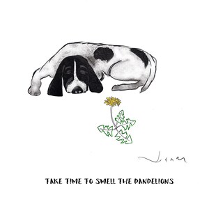 Dog Humor, Feminist cartoon art,  small original print, Cartoon, Cartoon Humor, Office Wall/Desk Art, Coon Hound & Dandelion Print 8x8.