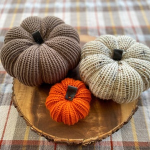 Farmhouse Pumpkin Set, Fall Harvest Home Decor, Rustic Yarn Pumpkin, Autumn Knit Table Decoration, Pumpkin Decor, Taupe, Tweed, Orange
