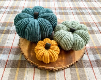 Farmhouse Pumpkin Set, Fall Harvest Home Decor, Rustic Yarn Pumpkin, Autumn Knit Table Decoration, Pumpkin Decor, Teal, Sage, Mustard Yellow