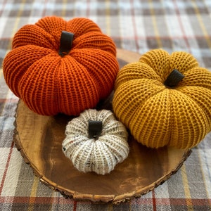 Farmhouse Pumpkin Set, Fall Harvest Home Decor, Rustic Yarn Pumpkin, Autumn Knit Table Decoration, Pumpkin Decor, Orange, Tweed, Mustard