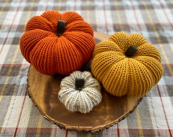 Farmhouse Pumpkin Set, Fall Harvest Home Decor, Rustic Yarn Pumpkin, Autumn Knit Table Decoration, Pumpkin Decor, Orange, Tweed, Mustard