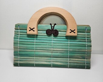 Vintage Teal Bamboo Tiki Handbag with Wood Handles with Barrel Button Closure