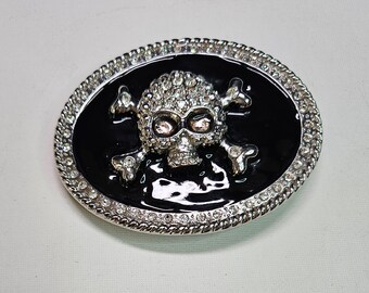 Vintage 1990's Silver & Jeweled Skull with Black Enamel Circle Lined with Jewels Approx. 3.5" W 3.25" T