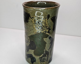 Vintage Handmade Brutalist Style Pottery Vase - Camouflage Pattern 6.5" Tall