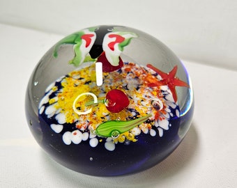 Colorful Underwater Ocean Life Hand Blown Art Glass Paperweight 4-inch x 3.5-inch