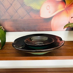 Handmade Matte Green and Glossy Black Two Dish Ceramic Pottery Set - One Large and One Small Clay Shallow Bowl Set