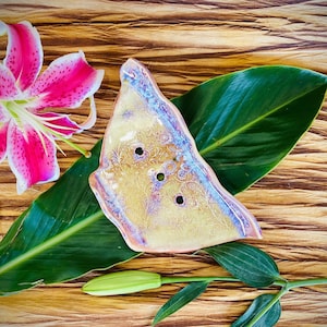 Handmade Tan and Pink Floral Soap or Sponge Dish - Ceramic Floral Design Soap Holder with Drain Holes