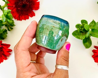 Monstera Green and Dark Turquoise Handmade Ceramic Shot Glass - Red Clay