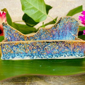 Porte-cartes de visite fait main en céramique florale avec rebord en or véritable