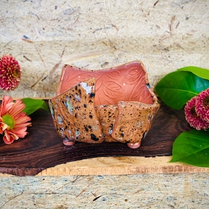 May include: A small, brown and white ceramic planter with a textured surface and a raised design of leaves. The planter has three small feet and is sitting on a wooden surface.