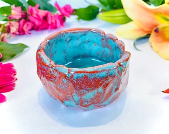 3 Inch Orange and Blue Handmade Ceramic Pot - Organic Shaped Terra Cotta Pot