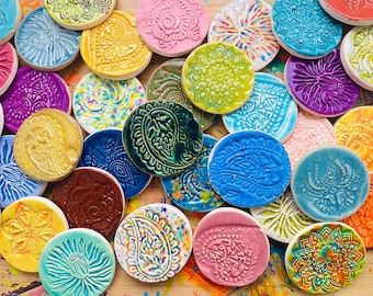 Set of 3 Round Ceramic Fridge Magnets - Handmade Clay Refrigerator Magnet Various Colors