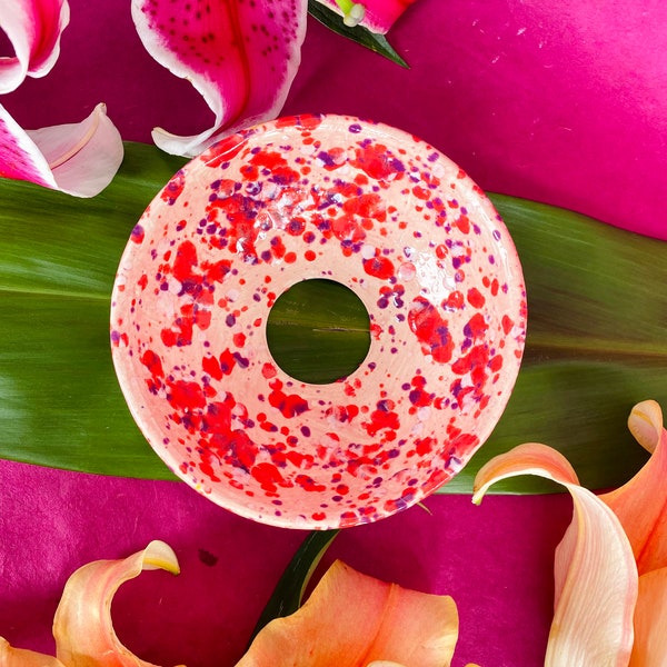 Ceramic Handmade Pink Red and Purple Speckled Garden Bowl with Holes for Roots - Plant Pot