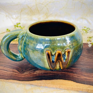 Forest Green and Brown Handmade Ceramic Soup Mug with a &quot;W&quot; - Clay Soup Bowl with Handle