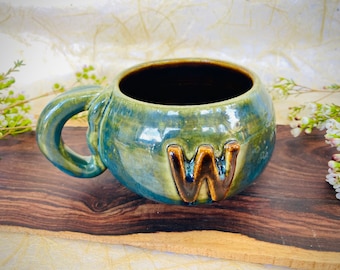 Forest Green and Brown Handmade Ceramic Soup Mug with a "W" - Clay Soup Bowl with Handle