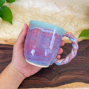 Pink and Baby Blue Handmade Ceramic Coffee Mug with Twisted Handle - Pottery