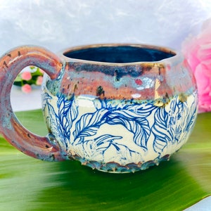 Blue Leaf Soup Mug - Handmade Ceramic Pink and Blue Soup Bowl with Handle