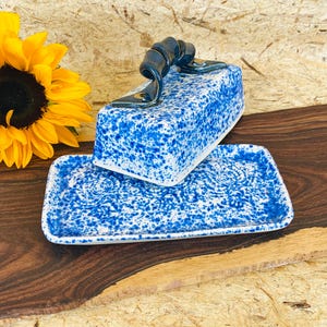 Handmade Ceramic White and Blue Speckled Butter Dish with Real Gold Luster
