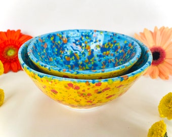 Blue and Yellow Confetti Bowls Set of Two - Pair of Bright Colored Handmade Ceramic Nesting Bowls