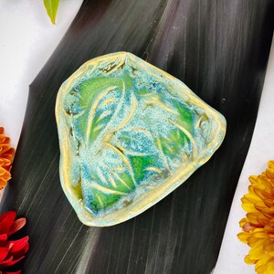 Small Ceramic Blue Frost Dish with Leaf Imprints - Handmade Pottery