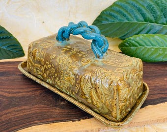 Single Stick Ceramic Butter Dish with Mushroom Motifs - Handmade Pottery