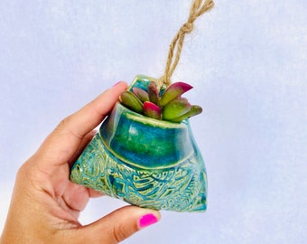 Small Handmade Turquoise Ceramic Hanging Pocket Planter with Drain Hole