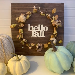 Hello Fall Ivory Pumpkin Wreath Wood Sign