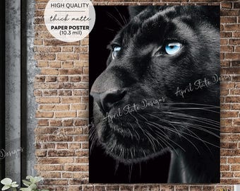 Black Panther Blue Eye Wildlife Poster, Modern Big Cat Wildlife Photography Wall Art (HQ Thick Paper Poster)