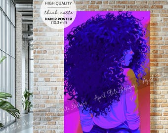 Afrocentric Natural Hair Poster, Melanin Black Woman Wall Art, Colorful Portrait Print (HQ Thick Paper Poster)