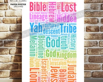 Lost Tribes of Israel Matte Poster - Colorful Hebrew Lineage Word Cloud Wall Art - African American Faith Bible Verse Typography Home Decor
